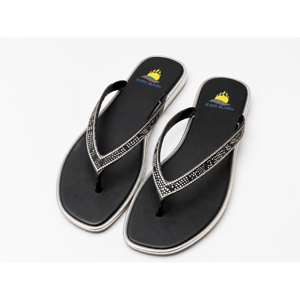 Aloha Island Womens Black Rhinestone Jelly Thong Sandals Silver Trim Size 9M